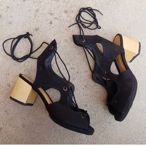SCHUTZ Vintage Nubuck Black Suede Lace-up Heeled Sandal